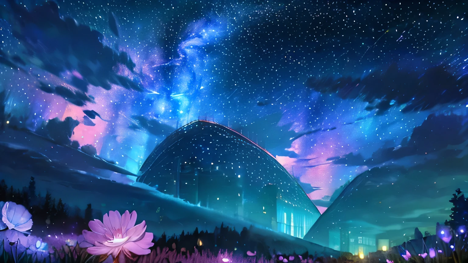 Describe a scene in which a cute girl character is lying on a grassy hill, Look up at the starry sky. Surround her with colorful nebulae and her favorite constellations.
