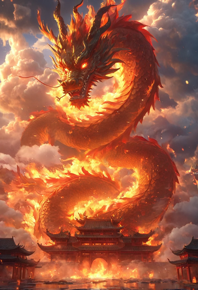 In a fantasy world, traditional Chinese architecture, a fire dragon, clouds, the sun, the sky, mountains, thunder and lightning, (best quality, 4k, highres, masterpiece:1.2), ultra-detailed, (realistic:1.37), vibrant colors, bokeh, vivid lighting.