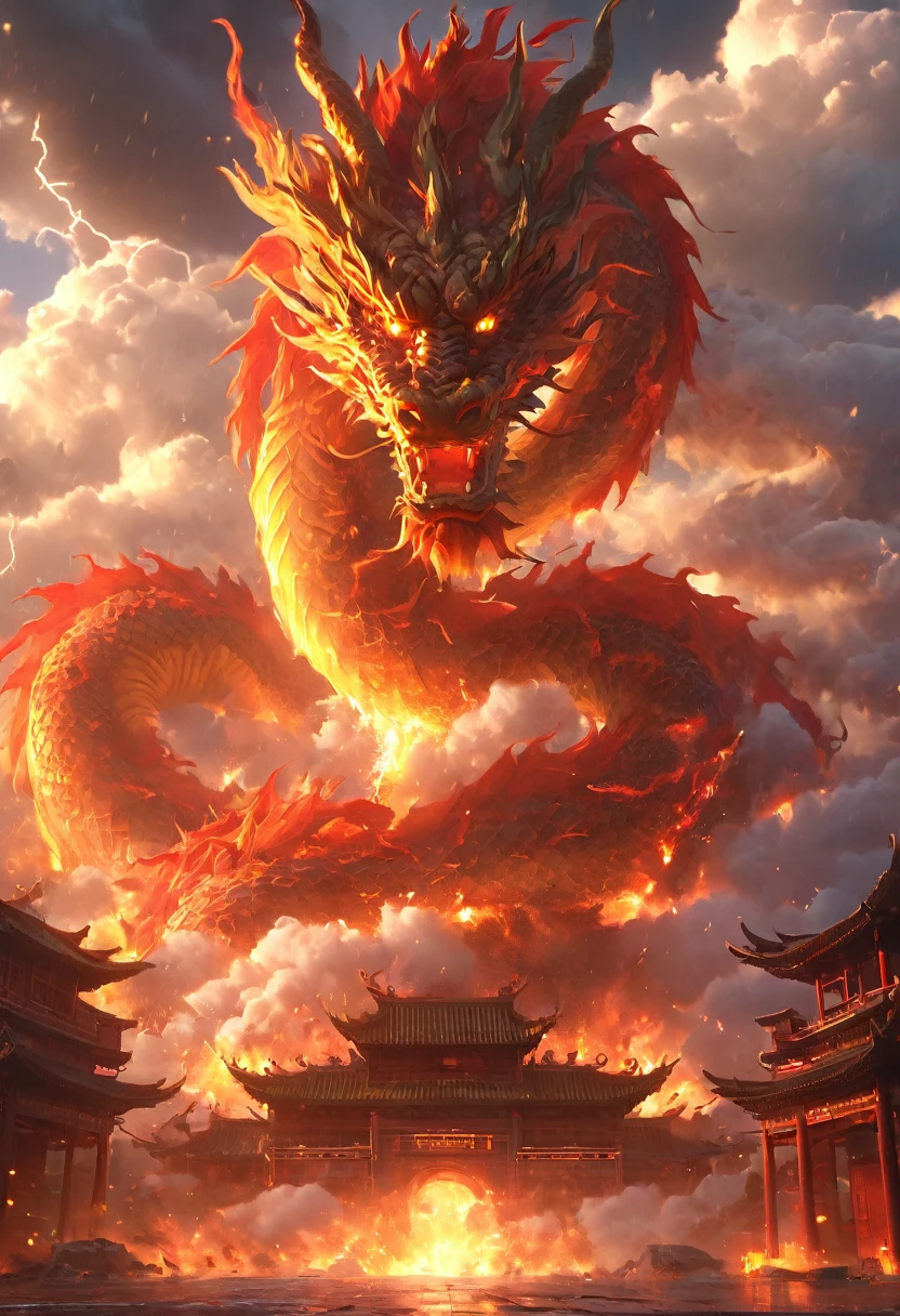 In a fantasy world, traditional Chinese architecture, a fire dragon, clouds, the sun, the sky, mountains, thunder and lightning, (best quality, 4k, highres, masterpiece:1.2), ultra-detailed, (realistic:1.37), vibrant colors, bokeh, vivid lighting.