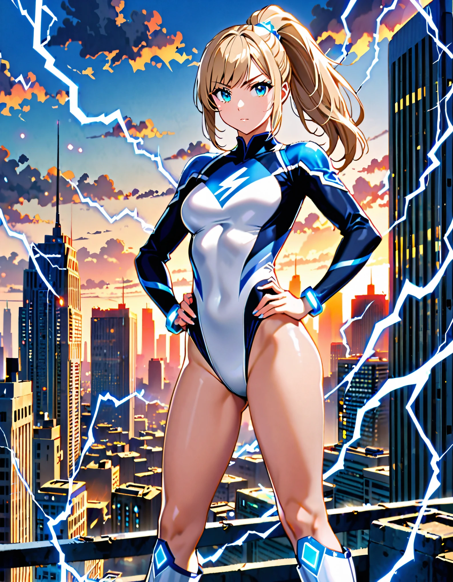 1girl, tall body, light blonde hair, aquamarine eyes, boots, breasts, bracelets, hair ornament, (shoulder-length hair, ponytail, bangs), full body with costume, (leotard, perfect leotard, gymnast outfit leotard, white leotard with blue accents, bare legs), hi-tech shoulder pads, (white boots), medium breasts, perfect hands, complete fingers, perfect anatomy, perfect proportions, solo, solo focus, superhero, ((blue lightning logo on chest)), beautiful detailed eyes, beautiful detailed face, age 18, asuka suit, body infused with electricity, diffraction spikes, heroic, standing straight, hands on hip, city backdrop