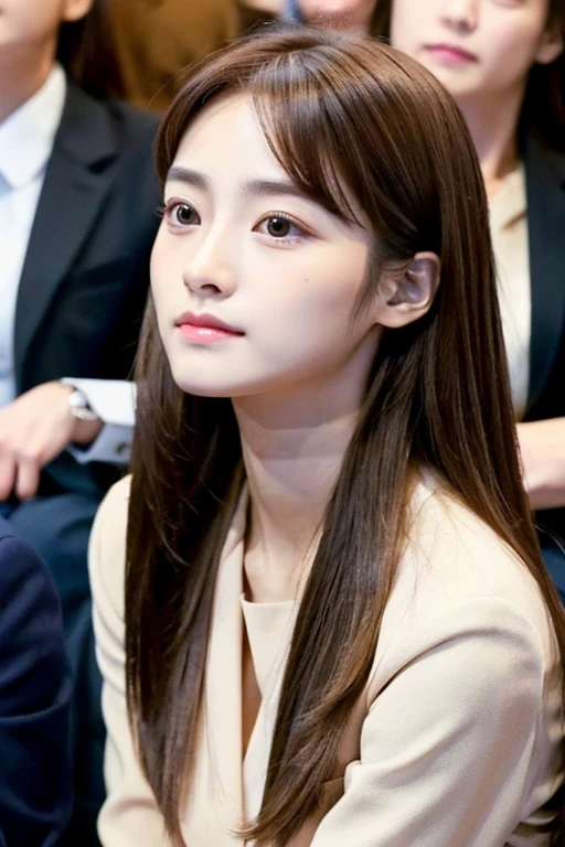 masterpiece,Brown Hair、Long Hair best quality, (Realistic:1.4), 8k, , Ultra-high resolution, Very detailed eyes and face, Very detailed, Confused, Professional,1 girl, ,skinny,Looking at the audience,suit,Upper Body,office lady, Zhang Jiaren,Long Hair, Sitting,