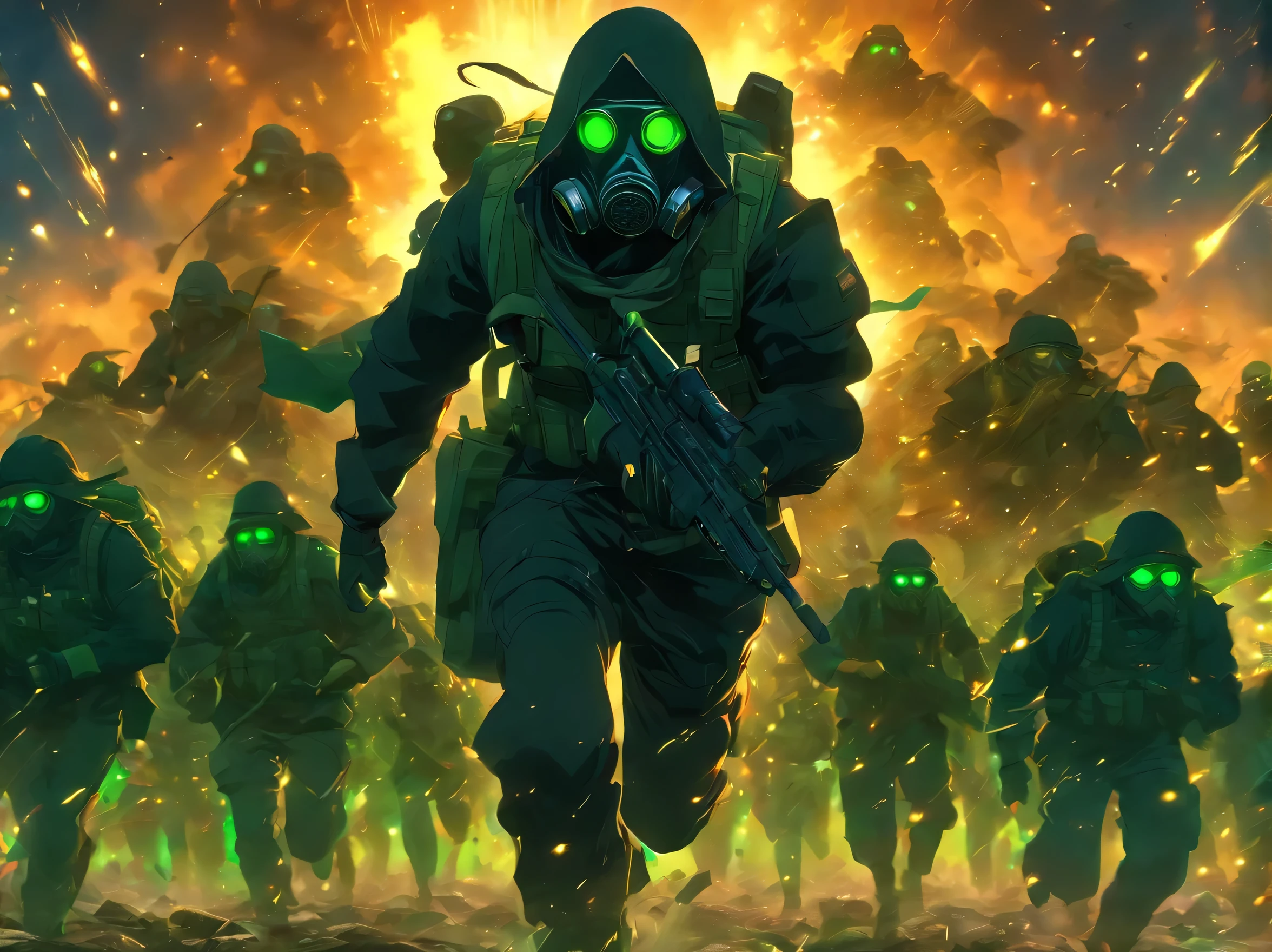 hundreds of soldiers in black uniform running, wearing black metal helmet, tactical gas mask, they are in a post apocalyptic desert, there are field of translucent green mineral crystals coming out of the earth, greenish haze, dark sky, image in dark colors, side view, 4k, ultra detailed image, realistic, very detailed, perfect composition, splendid, intricately detailed, incredibly detailed, art photography 8k, hyper detailed, Masterpiece, ultra detailed, hyper realistic, 4k, ultra detailed image, realistic , highly detailed, perfect composition, splendid, intricately detailed, incredibly detailed , Artistic photography in 8k, hyper detailed