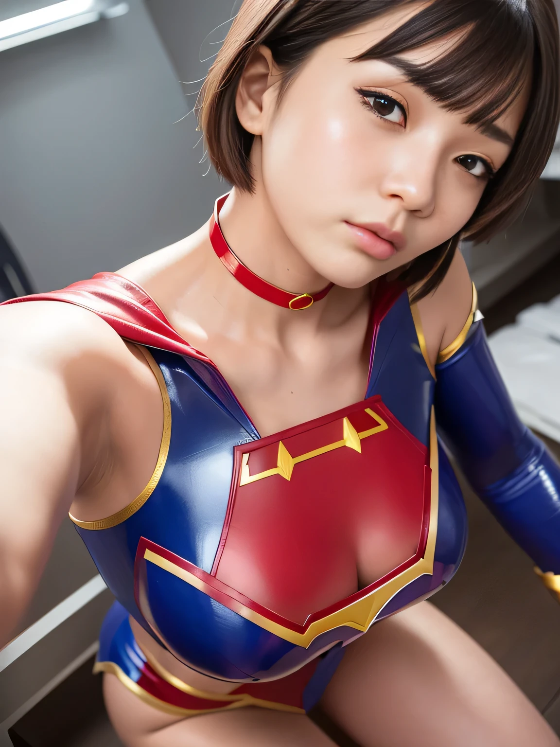 masterpiece、Enamel Supergirl Costume、Short Hair、Hospital operating table、Crisis situation、Big and ample breasts、looking at the camera、Shiny、Off the shoulder、choker、Long sleeve、Red exy poses to seduce、Sweaty、Model Body Type、Alluring、charm、Enchanting、Abused、test subject、victim、Wild、Photorealistic、latex、