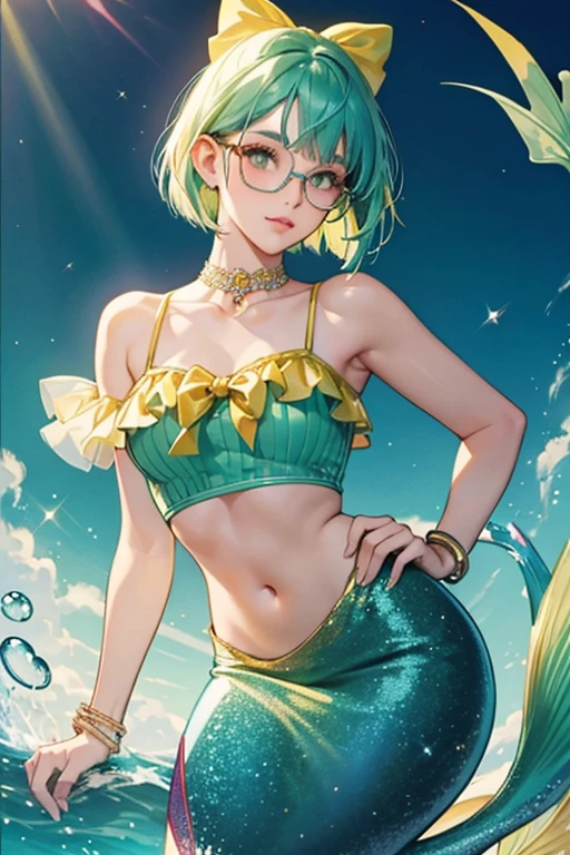 Mindy is a very pretty mermaid with light-green skin, dark-blue hair in a bob cut, round glasses, and a teal tail. She wears a yellow hair bow, a golden bracelet, and a pink midriff top with a red heart symbol in the middle. SPARKLE; GLITTER