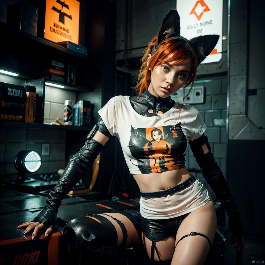 A striking and surreal fashion illustration captures a captivating young woman with vibrant orange hair, seemingly mid-fall. Dressed in a form-fitting white t-shirt with orange patches on the sleeves, she exudes intensity and grace. Her burnt black rock-like skin is adorned with intricate details and she is accompanied by a captivating cat, wearing cyberpunk-inspired armor and gadgets. The cat playfully outstretches its paw, its mesmerizing eyes locked on the scene. Deep cracks radiate from the illustration, creating a sense of drama. The background features a colossal, abstract cat silhouette encompassing a diverse cityscape within its contours. This visually captivating piece combines elements of fashion, portrait photography, and illustration to create a truly cinematic experience., fashion, cinematic, vibrant, portrait photography, illustrationA captivating and surreal fashion illustration featuring a striking young woman with vibrant orange hair, gracefully falling mid -air. She is dressed in a form-fitting white t-shirt with orange patches on the sleeves, her intense gauze and poised demeanor radiating charisma. Her unique burnt black rock-like skin is intricately detailed, adding a touch of otherworldliness to her appearance. By her side is a mesmerizing cat, adorned with cyberpunk-inspired armor and gadgets, playfully reaching out its paw with a curious gauze. The illustration is framed by deep cracks, enhancing the sense of drama and intensity. The abstract cat silhouette in the background envelops a diverse cityscape, fusing fashion, portrait photography, and illustration to create a visually stunning and cinematic experience., fashion, cinematic, vibrant, portrait photography, illustration