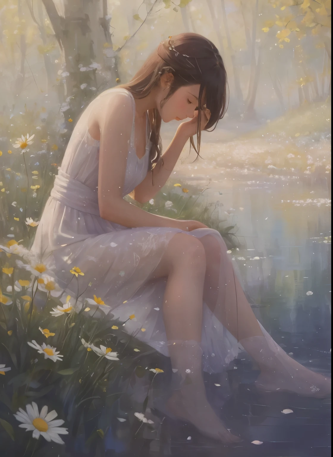 Capture the essence of pure serenity and natural beauty in an awe-inspiring oil painting that transports viewers into a dreamlike world where a girl finds solace amidst a sea of Paper Daisies. Imagine a tranquil meadow bathed in the soft glow of the setting sun, where the vibrant hues of yellow, orange, and pink Paper Daisies stretch as far as the eye can see. Nestled among the blossoms lies a young girl, her figure draped in billowing fabric that mirrors the delicate petals of the flowers. With a sense of peaceful abandon, the girl reclines gracefully among the daisies, her eyes closed in quiet contemplation. The warm golden light of the sun caresses her skin, casting a gentle radiance that illuminates her features and lends an ethereal quality to the scene. The oil painting captures the intricate details of each individual Paper Daisy, from the delicate papery petals to the subtle variations in color and texture. Layers of thick, luscious oil paint are applied with masterful brushstrokes, creating depth and dimension that bring the flowers to life on the canvas. In the distance, rolling hills rise and fall like waves on the horizon, their verdant slopes dotted with patches of wildflowers that dance in the breeze. A soft breeze rustles through the meadow, carrying with it the sweet scent of the daisies and the soft murmur of distant birdsong. As the viewer gazes upon the painting, they are drawn into a state of tranquil reverie, enveloped by the beauty and tranquility of the natural world. "Golden Reverie" is not merely a painting—it is a sanctuary of peace and beauty, a refuge from the chaos of the world, and a reminder of the simple joys that lie in the embrace of nature.
