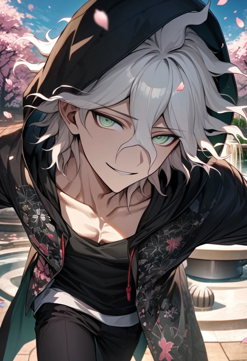 Ultra detailed, Highres, absurdres, HDR, Komaeda Nagito, white hair, expressive light green eyes, black long coat with patterns with a hoddie, Danganronpa, pink flowers, petals, handsome, sexy man, solo, very detailed eyes and face, park, fountain, black pants, cherry blossoms, black tight t-shirt, master piece, smirking, toned chest,