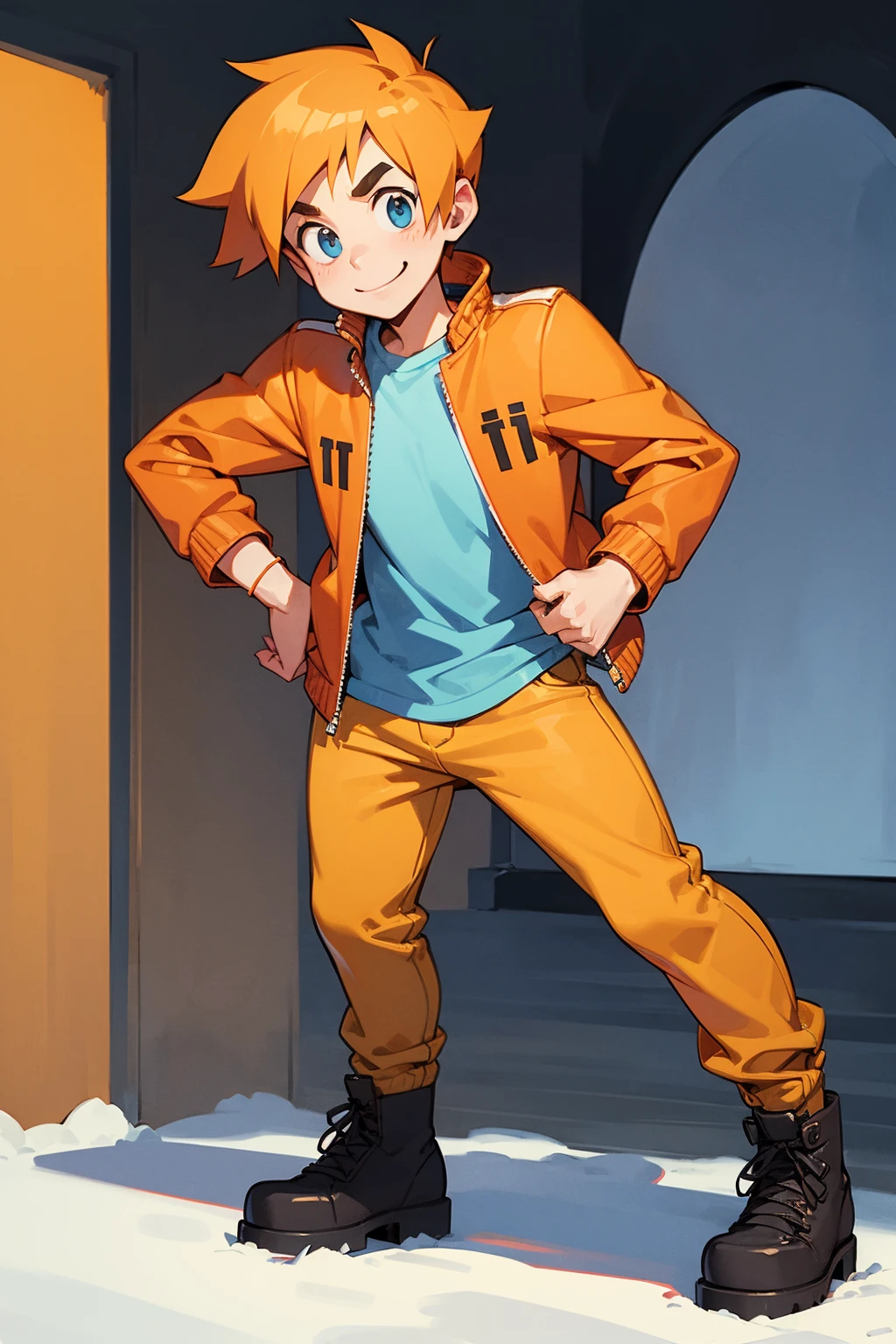 A boy, Scott Pilgrim, orange hair, shirt, jacket, thick eyebrows, standing in the snowy city looking at the camera and smiling, full-body shot