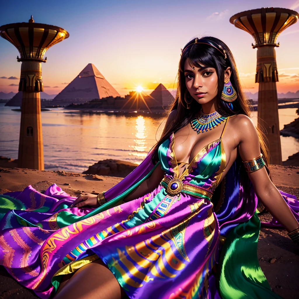 ((psychedelic)),(princess) with ((silk dress:1.3)) at sunset. in an Egyptian pose, to the exotic in the styles of Mia Khalifa. Visionary Vibrant Weirdpunk Luminous Ceremonial Fluid, sharp focus, studio shot, intricate details, highly detailed, magic mushrooms

