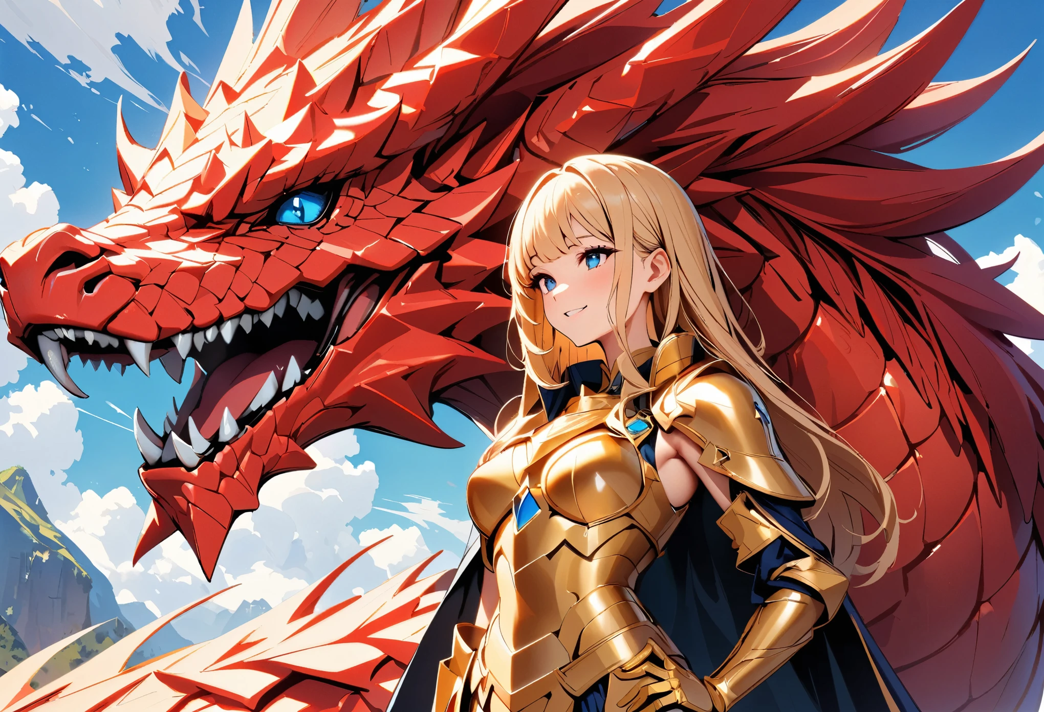 (highest quality:1.2, Very detailed, Latest, Vibrant, Ultra-high resolution, High Contrast, masterpiece:1.2, highest quality, Best aesthetics), (Small face), (Very detailedな肌:1.2), One Woman, beautiful girl, Beautiful Face, ((Girl in Golden Armor, Communicate with the big red dragon)), The story of the girl and the dragon, Detailed scales of a red dragon, Big Wings, Fantasy, Clear blue sky, Bright color palette, Very happy,