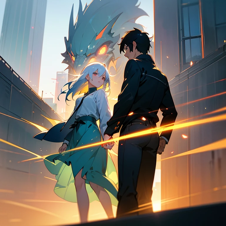 Anime couple、Walking through a SF city full of partying and debauchery. A girl with waist-length white hair and golden eyes、Leading a man with medium length hair。. The shadows of a dragon and a phoenix emerge behind him.. Close-up perspective. Concept art Makoto Shinkai, pixiv Winner, Romanticism, makoto shinkai cyril rolando, I love the concept art, Loss transformer. Landscape Background, Ross Tran and Makoto Shinkai, Ross Tran and Ilya Kuvshinov, Reusch and Ross Tran.  