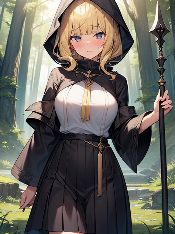 Masterpiece, Top quality, (1 beautiful girl), junior high school student, Blonde, short Hair, wavy Hair, blunt bangs, standard weight, Modest breasts, ((very large dark sorceress long robe with hood)), pleated skirt, panicking, sweat, attacking with a staff, standing, beautiful scene of forest, cowboy shot, Clothes swaying in the wind