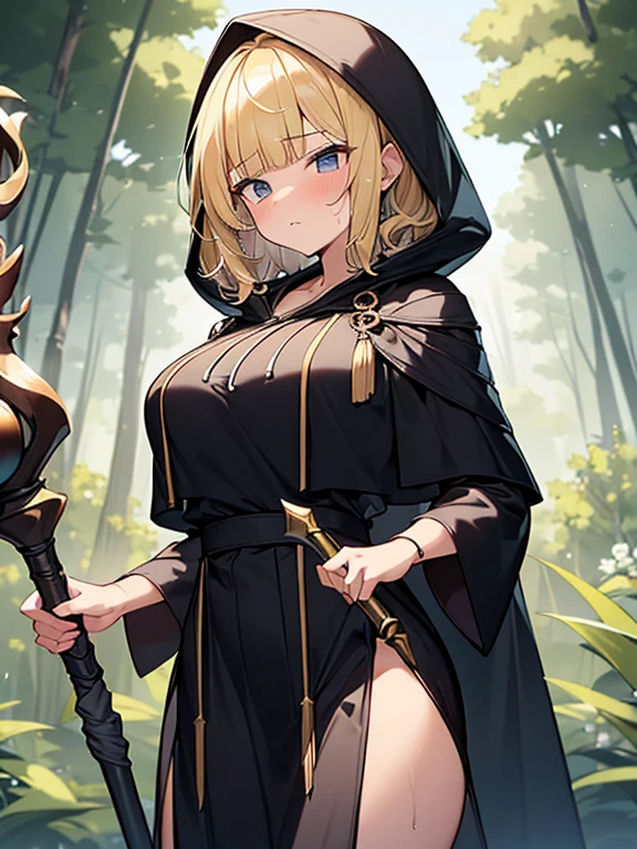 Masterpiece, Top quality, (1 beautiful girl), junior high school student, Blonde, short Hair, wavy Hair, blunt bangs, standard weight, Modest breasts, ((very large dark sorceress long robe with hood)), pleated skirt, panicking, sweat, attacking with a staff, standing, beautiful scene of forest, cowboy shot, Clothes swaying in the wind