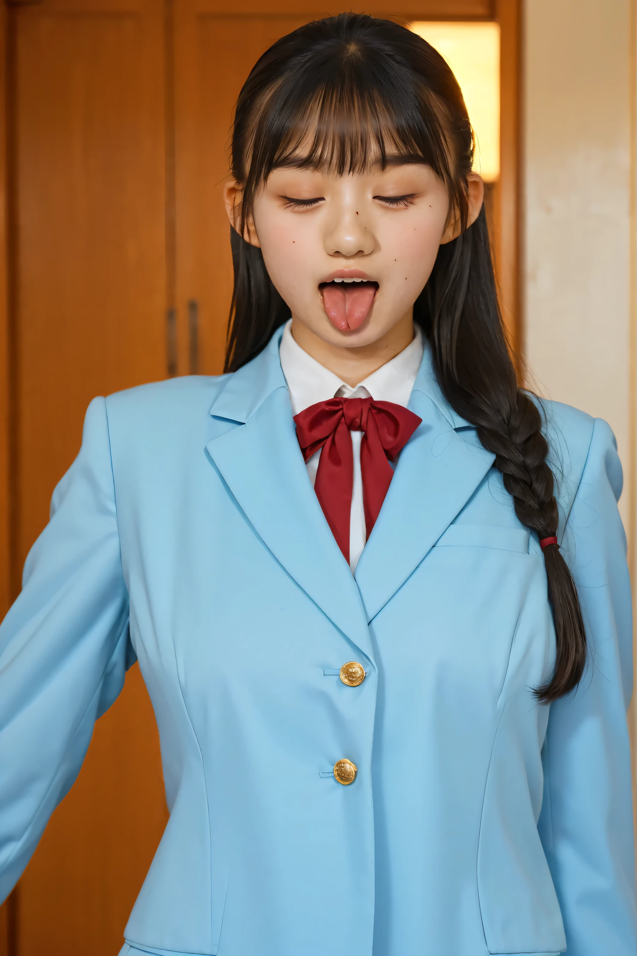 (((upper body shot))),school blazer uniform,Ultra-high resolution,big eyes,(open mouth with tongue),((tongue out)),Japanese,bangs,(a girl),(1 girl),((18-year-old)),((cute)),pretty,eyes closed
