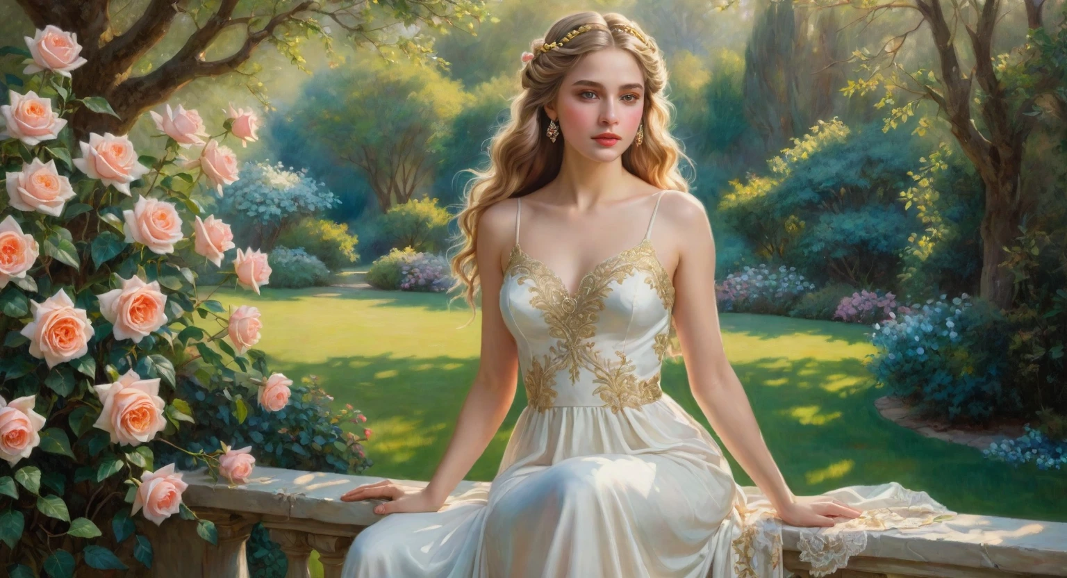 (best quality,4k,highres,masterpiece:1.2),ultra-detailed,(realistic:1.37)
A Greek girl of unearthly beauty with Latin roots, 'Symmastia - the fusion of the milk ducts in the middle of the chest', shining with a golden halo, standing gracefully in a lush garden.
medium: oil painting
golden hair flowing down in intricate braids, framing her face delicately
piercing emerald eyes, shining with intelligence and allure
rosy cheeks, adding a touch of vitality to her porcelain skin
luscious, full lips, painted in a soft shade of coral
slender and elegant nose, exuding grace and sophistication
she wears a flowing white dress, adorned with delicate lace and embroidery, symbolizing purity and innocence
surrounded by vibrant flowers of various colors, creating a harmonious symphony of beauty
the garden is filled with the sweet fragrance of blooming roses and jasmine, creating a captivating atmosphere
soft, natural sunlight gently illuminates the scene, casting soft shadows that enhance the depth and realism of the painting
the background transitions from vibrant greens to dreamy blues, evoking a sense of tranquility and serenity
the overall color palette is warm and ethereal, with hints of gold and pastel tones, creating a dreamlike ambiance
every brushstroke is meticulously painted with extreme attention to detail, capturing the intricate textures of the girl's dress and the petals of the flowers