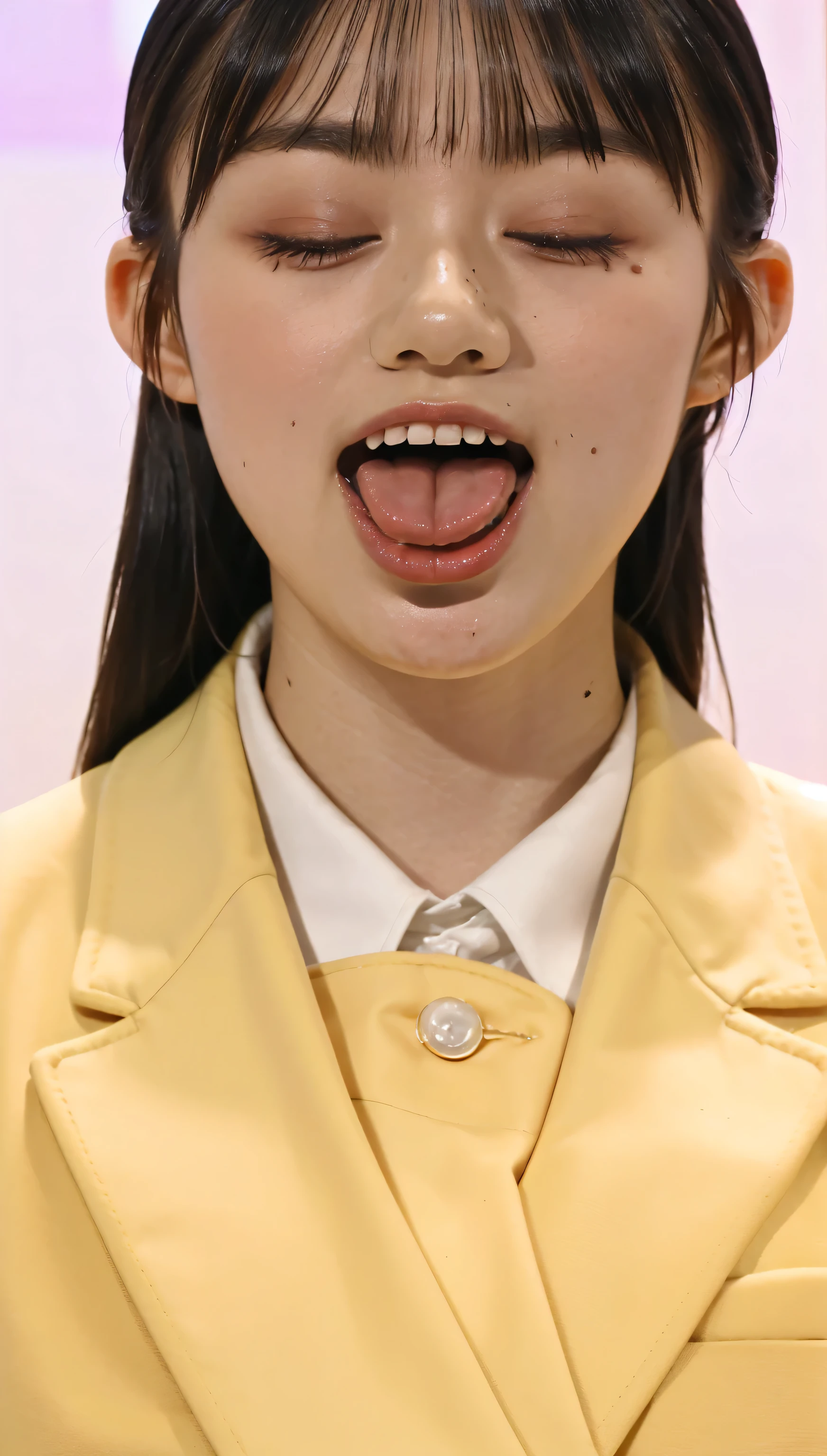 (((upper body shot))),blazer uniform,Ultra-high resolution,big eyes,(open mouth with tongue),((tongue out)),Japanese,bangs,(a girl),(1 girl),((18-year-old)),((cute)),pretty,eyes closed,(cum on tongue9)