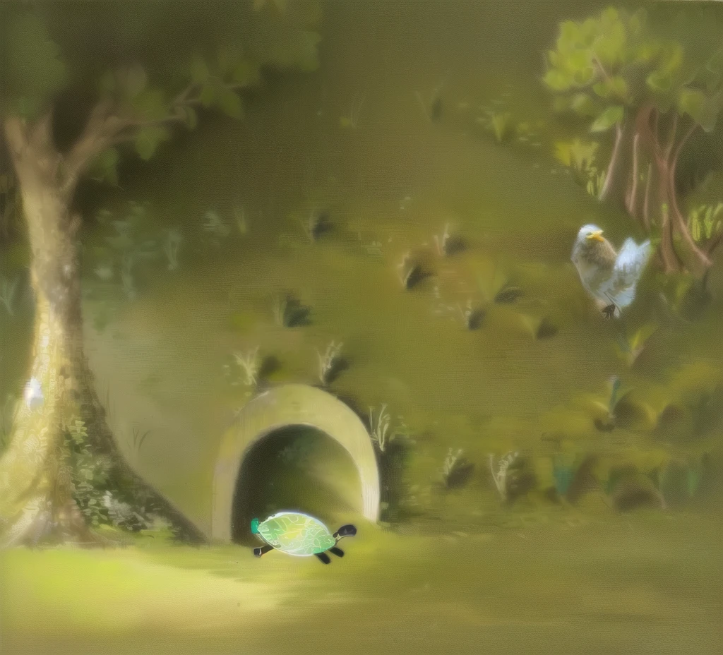 there is a drawing of a tree and a bird in the grass, cena rodopiante in forest, xilogravura colorida, cena rodopiante, desenho colorido, xilogravura colorida, drawing of a , meandros introspectivos, the desert is in colored pencils, filme de animation still, por Dóra Kresztes, animation still, inspirado em Pisanello