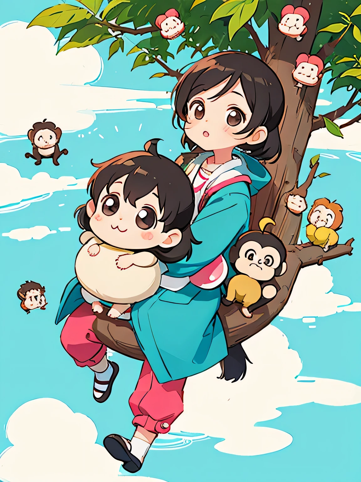 Kishida Mel style, Kawaii Design, Chibi girl monkey, monkey Forest, Above the Clouds, Carrying you