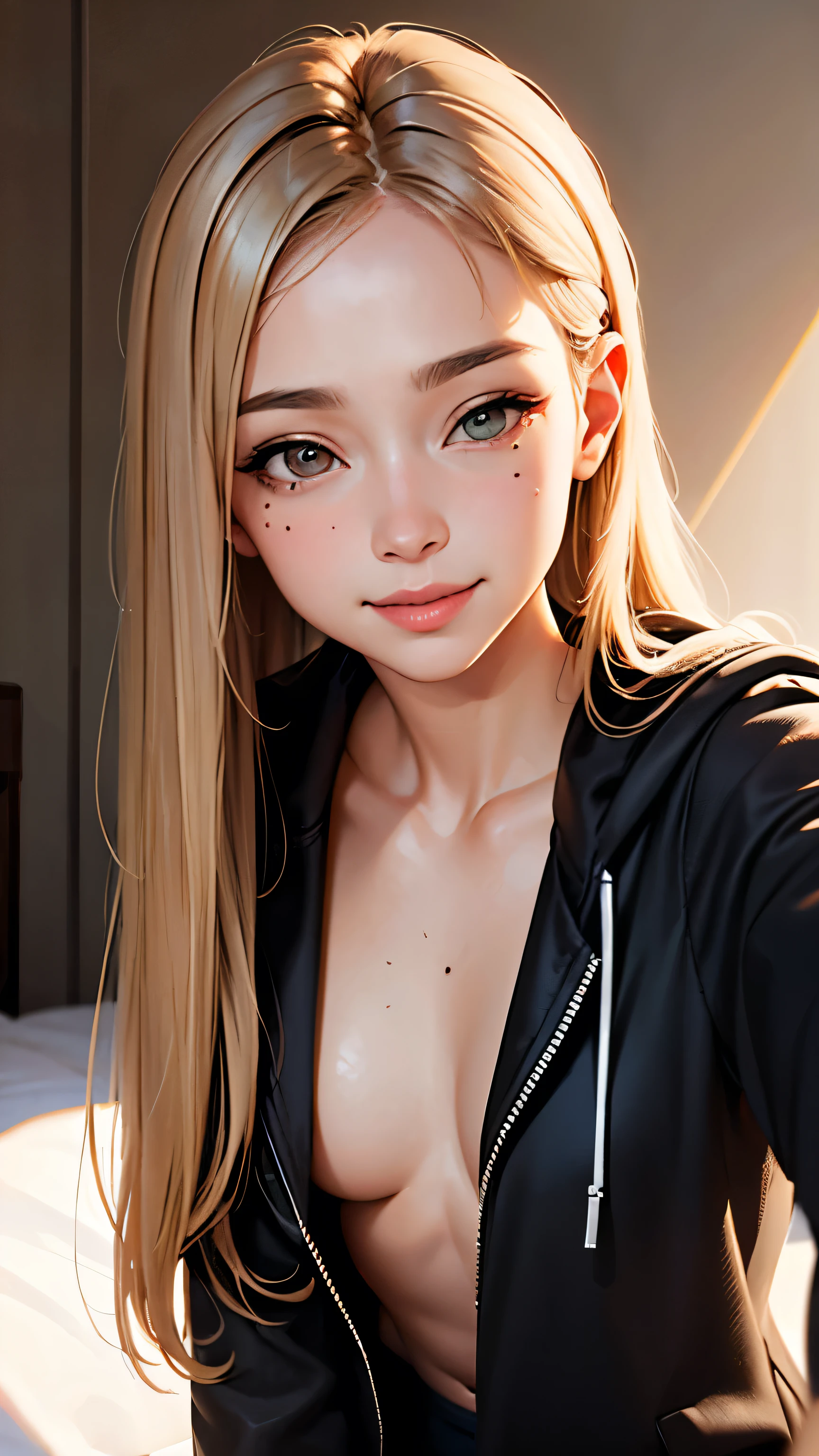 masterpiece, highest quality,Face-to-face audience, Upper body,Middle-aged women,Greek Goddess Attitude, Melon seed face, ((Long, narrow eyes)), Mole under the eye,Brown eyeball, Thin lips, Anorexia,blonde, Very long hair, Laugh with your mouth closed,40 year old mature woman, self-portrait, Simple Background,Lying in bed,Thin legs,Close your eyes and smile,underwear,The happi coat is open