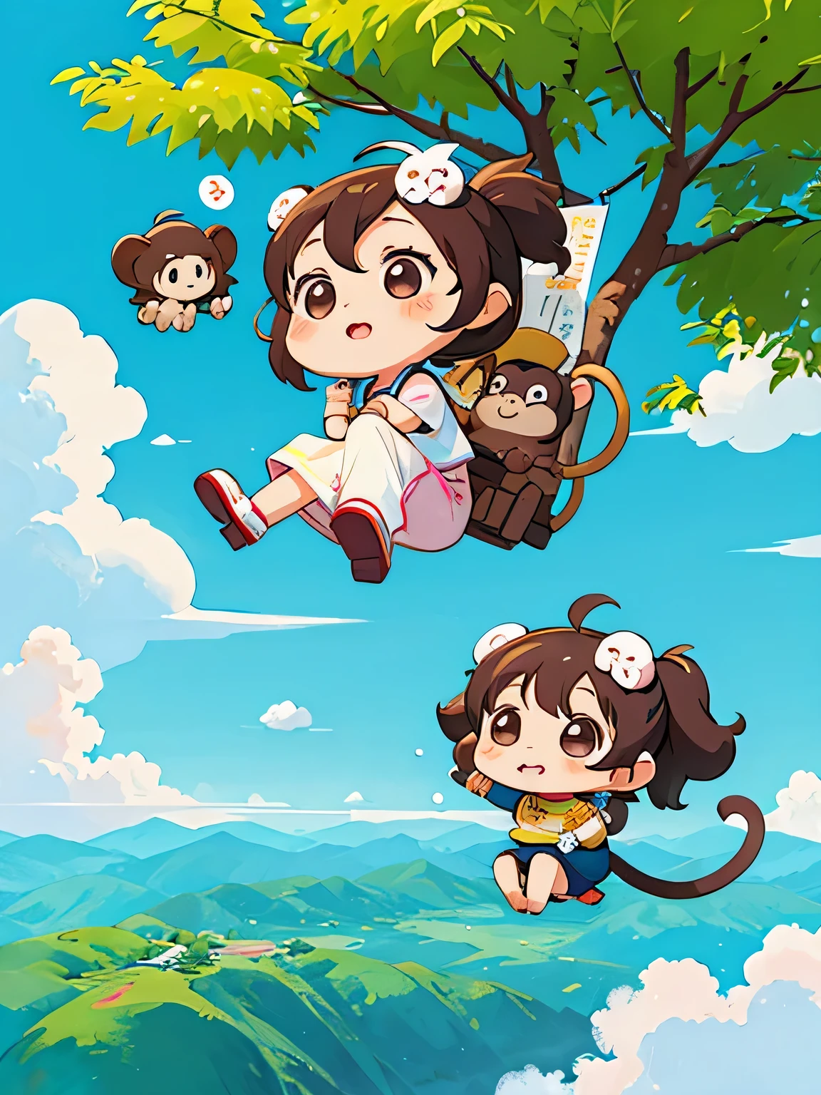 Kishida Mel style, Kawaii Design, Chibi girl monkey, monkey Forest, Above the Clouds, Carrying you