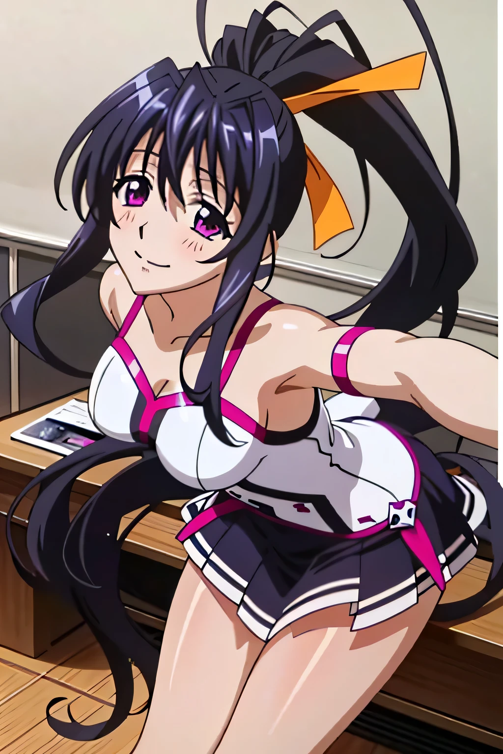 Himejima Akeno、Long Hair、(draw the eyes:1.2)、one person 、smile 、blush 
、(Reaching across the desk) 
、mini skirt
、View from behind
、Spread your legs wide
、(highest quality) 、(Fine skin:1.3)