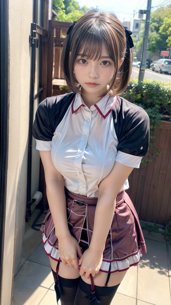 muster piece, best quality, illustration, Super detailed, fine details, High resolution, 8K,wall paper, perfect dynamic composition,(Details High quality, realistic depiction of eyes:1.3), standing, short hair, (wavy hair:1.2), (short sleeve collared dress shirt,tight skirt,thighhighs,zettai ryouiki:1.4), black hair color, Big Natural Color Lip, bold sexy pose, crying a little、cold gaze, Harajuku style、acrobatic pose, 20 year old girl、cute type、ta、beautiful legs, gravure idol, Voluptuous thighs, huge breasts