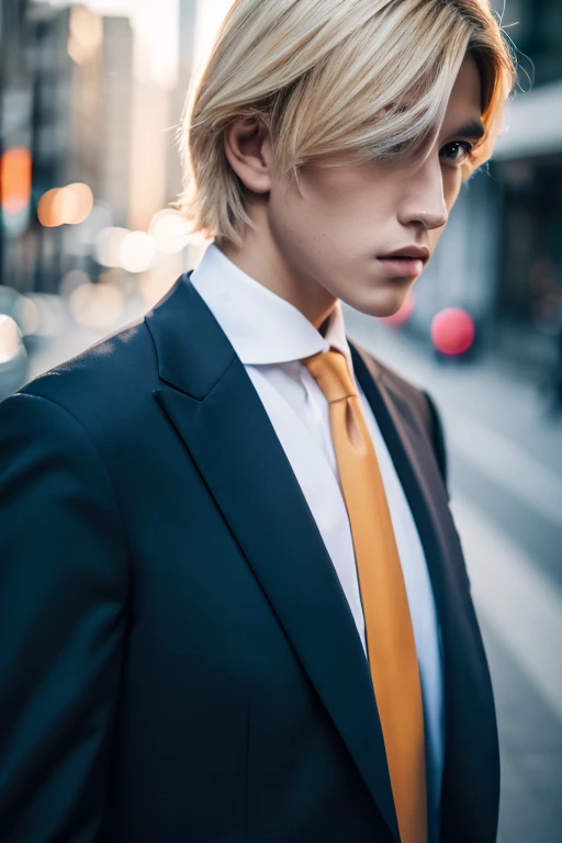 male、Blonde boys、wearing a suit and a tie、A photo with the body and head in a straight line, Turn the photo to face the viewer, The eye is fixed on the lens, In the photo you can see the shoulders and head, 写真中央のmale, 8k, highest quality, Tabletop, Realistic, Realistic photo, Cinematic photography, ultra Realistic, Perfect lighting, DSRL, Professional photos, 4K Muscular