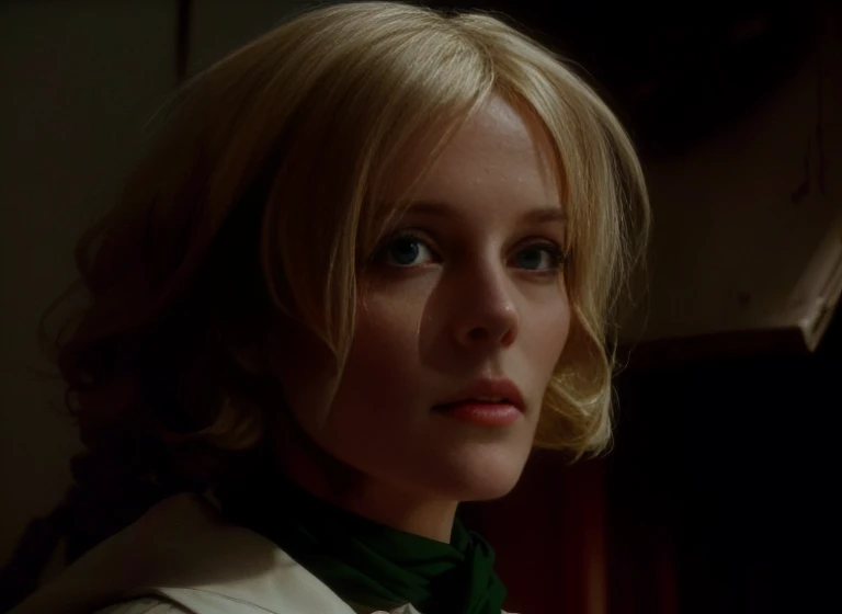 Blonde woman wearing green scarf and white shirt looking at camera, Full color still images, Movie screencaps, A scene from the 1973 film, cronenberg automata, Movie screenshots, Close-up portrait movie still, Horror movie stills, Color film stills 1 9 7 7, movie scene close up, Horror movie stills