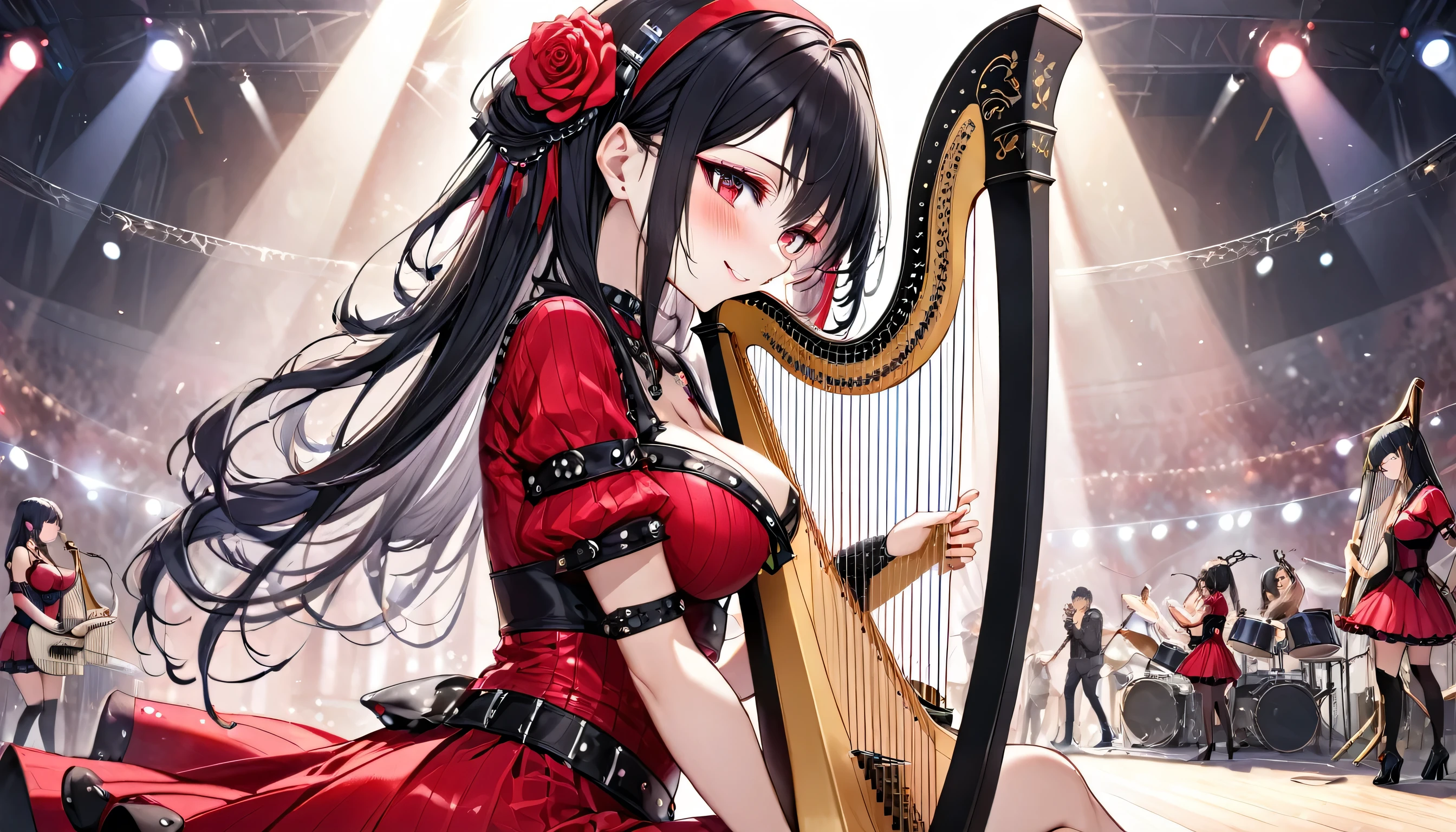 (panoramic in the Concert Venues), profile ((punk girls band style)) (in a sexy red rose dress) (a straight black hair long hair cute femdom girl is Harpist, 18 yo, sexy detailed redeyes, blushing, sexy smile, bigboobs), (playing detailed harp), BREAK, perfect anatomy, masterpiece, best quality, 16k.