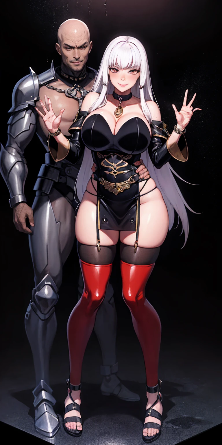 dark fantasy anime illustration of a (mature MILF BIMBO albino skin and short white hair), (FULL BODY) perfect face, wearing tight leather stealth armor, stalking, BIG KNOCKERS CLEAVAGE, lustful smirking smile red blush red cheeks, chain leash, kneeling, shackles, leather black collar slave, ((BLACK background)) hands on glass WITH KNOCKERS on glass, glass window fog water drop, 5 fingers each hand, metal handcuffs, black choker collar, thigh highs, long legs, metal ankle, metal sandals, metal shoulders, standing straight symmetrical against glass