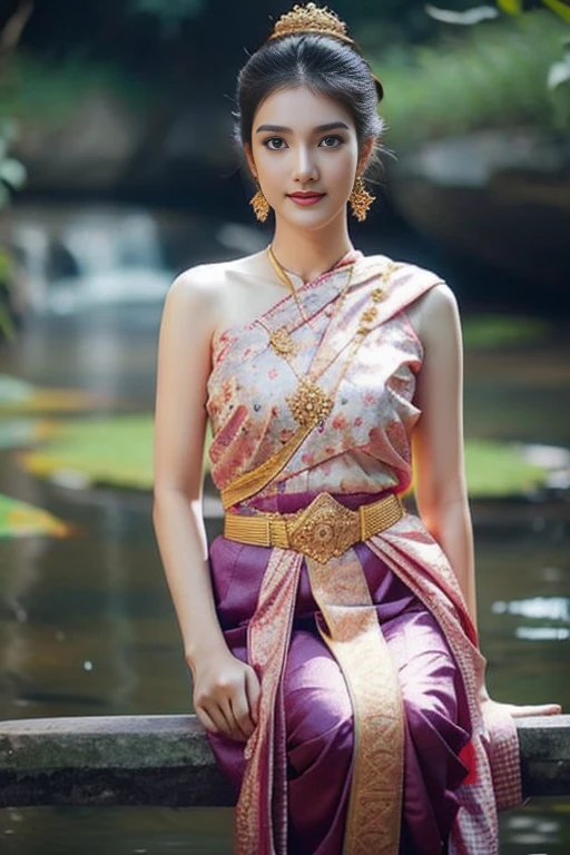 beautiful girl ,Thai Women&#39;s Warriors, walking at thai measure, dynamic poses, Thai Chut Set, Strapless shirt, long hair,black eyes,abdominal muscles, plump body, rounded chest, (big breast:1.3), rift, morning sun, staring at the audience, (sexy poses), ((face details)), Double eyelids, finished, realistic, Masterpiece, Highest quality, lens flare, shade, old measure, measure, [[Chromatic aberration]], By Jeremy Lipking, By Antonio J.. Manzanedo, digital painting, HDR, high contrast
