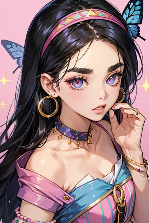She has black hair, thick eyebrows, thick mascara, and two eyelashes on each eye. She is also shown with a chipped tooth. For attire, she wears a pink hairband with indigo butterflies, gold earrings, a white tube top with a pink collar, indigo shorts with white stripes, a beaded bracelet on her wrist, and brown Franco Ruth sandals. sPARKLE; GLITTER