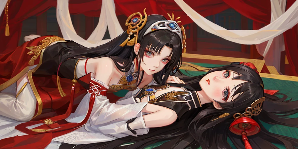 Long straight black hair, flat chest, hairpin, headdress, imperial concubine's clothing, embroidered shoes, Chinese palace