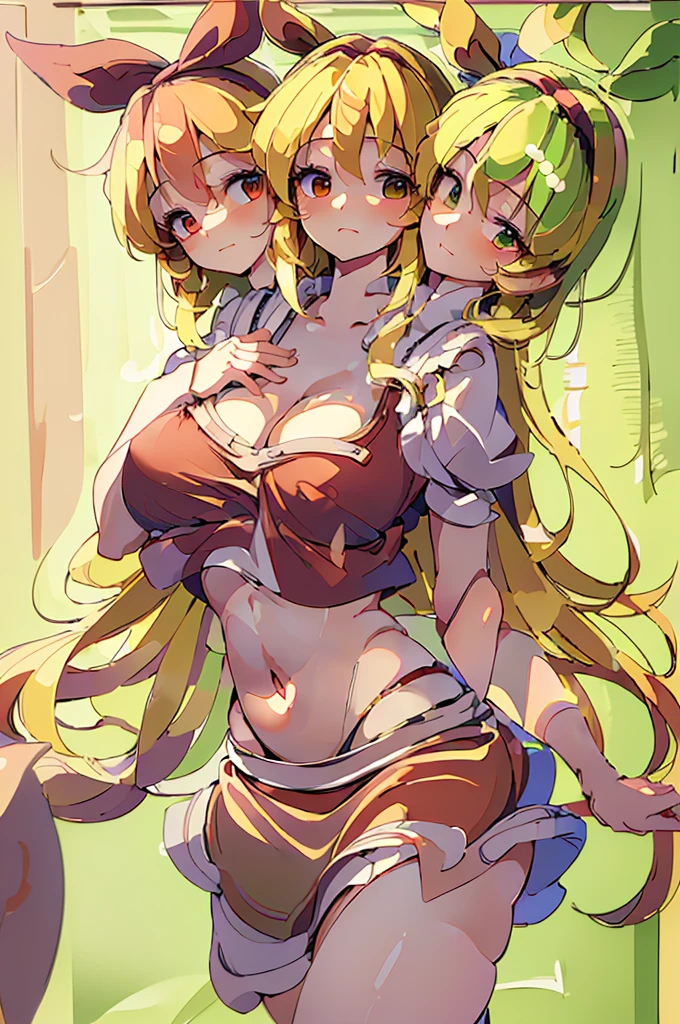 (masterpiece, best quality), best quality, (ultra-detailed), (3heads:1.5), 1girl, (ellen (touhou):1.3), masterpiece, best quality, ultra quality, ultra resolution, ultra detail, red top, crop top, ((stomach)), midriff, ((groin)), red skirt, normal ears, shackles, blonde hair, very long hair, wavy hair, sidelocks, green eyes, parted lips, open belly, sweat, cute, toned belly, hand on own chest, eyelashes, (24 year old woman:1.3), (masterpiece:1.5), (best quality:1.5), (beautiful detailed, extremely detailed CG, extremely delicate and beautiful, depth of field, (finely detailed face), (perfect details:1.3), (mature female:1.4), wide pelvis, slender, large veiny breast, 16k resolution, highres, high quality, high definition, extremely detailed, masterpiece, best quality, blonde hair, long hair, alluring presence, braid, short skirt, close up, big tits, young, hairband, red hairband, waist apron,