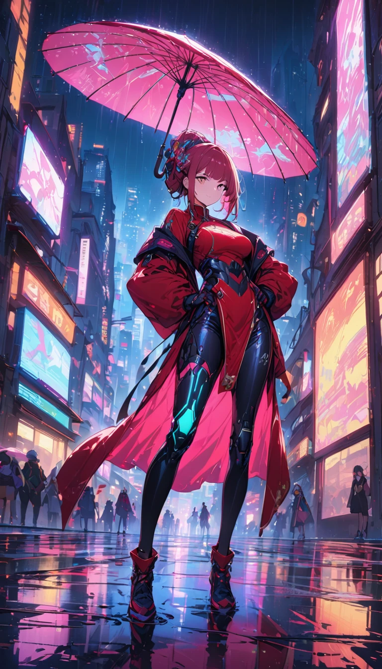 (最high quality), (Super quality), (masterpiece), figure, 一个女孩Chinese Costume賽博朋克, (I have an umbrella),(cyber punk,Chinese Costume,Cybernetic Implants),hair accessory, Bright colors,Dynamic Lighting,Neon Light,Shining city skyline,Holographic Projection,Future fashion clothing and shoes,Combining traditional and modern elements,avant-garde makeup,Exquisite hairstyle,Confidence and determination,urban environment,downpour,Slippery road reflection,Metallic feel,Machinery Armor, Gorgeous Accessories,High-tech products,Impressive cybernetic enhancements,Clear focus,Awkward details, Overclocking Rendering, cinematic edge light, Bright light, masterpiece, Super detailed, A magnificent work, Ultra-high resolution, high quality, 32k