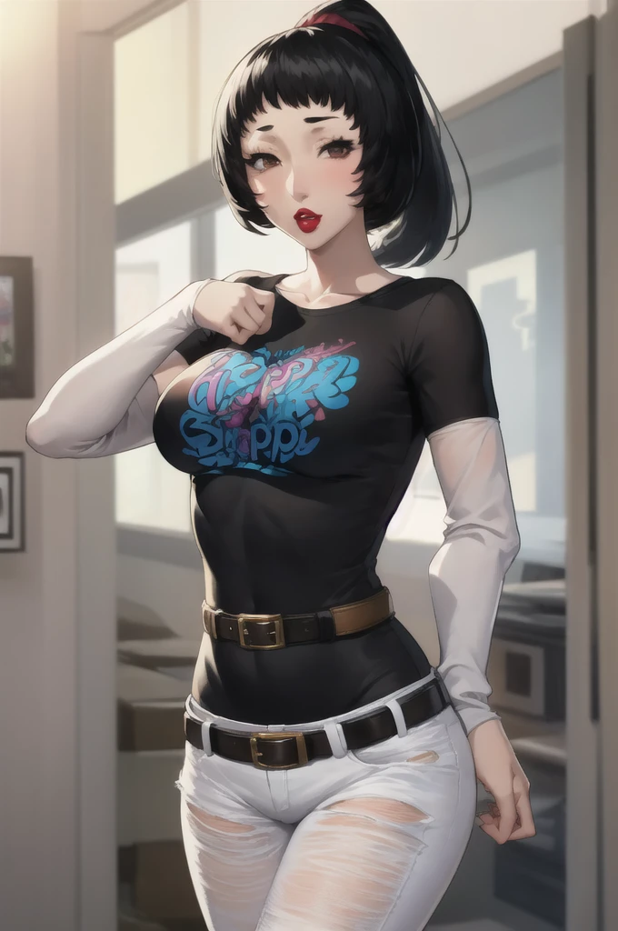 masterpiece, best quality, shihop5, black hair, ponytail, 1girl, solo, standing, black t-shirt, white shirt, blue jeans, belt, lipstick, large breasts, layered sleeves,