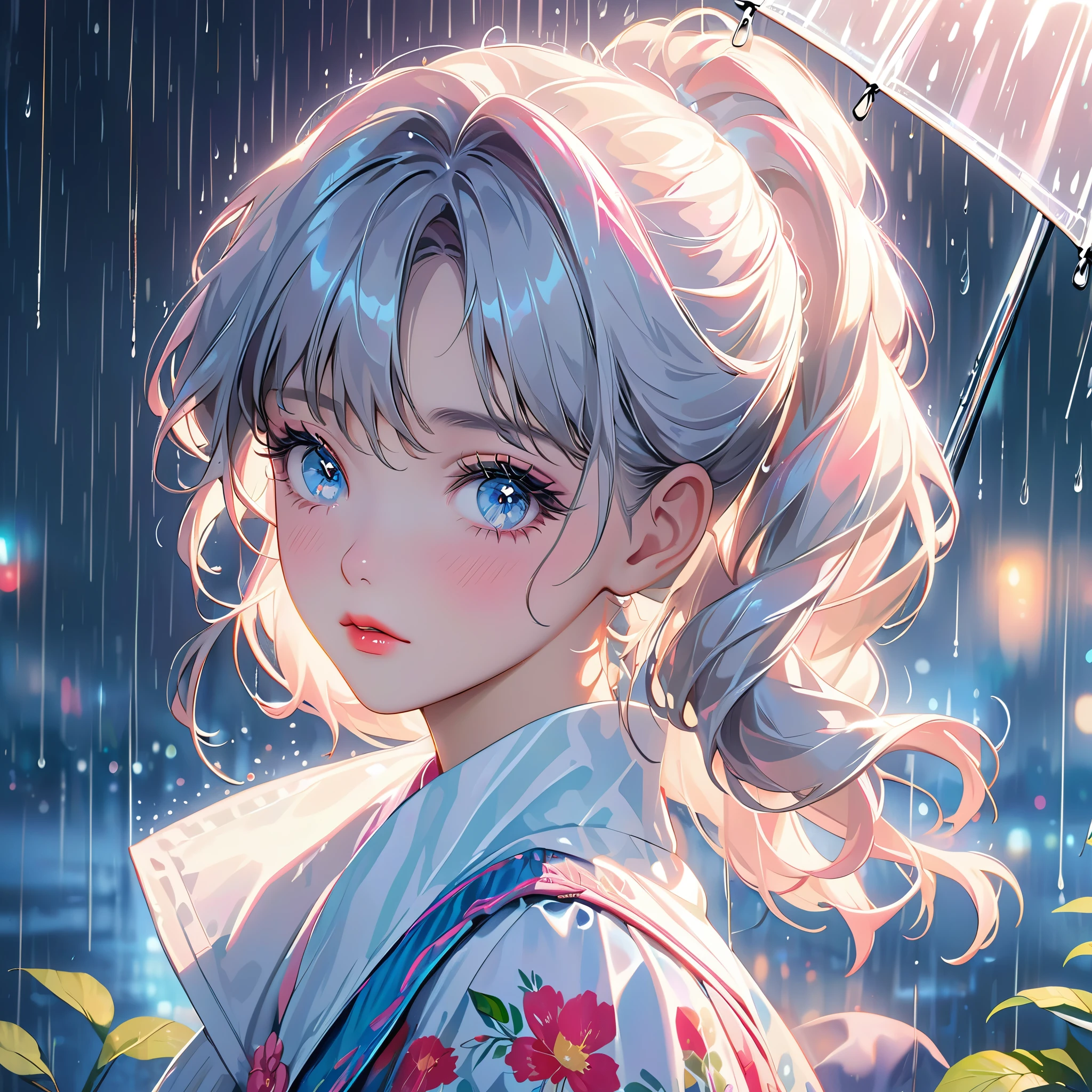 best quality, highres, ultra-detailed, realistic:1.37, vibrant colors, portrait, soft lighting, long eyelashes, sparkling eyes, glossy lips, detailed skin, retro pattern, pastel colors, sad look, dreamy atmosphere, elegant pose, nostalgic vibes, glittering highlights, flawless complexion, 80s style fashion, retro hairdo, pink blush, delicate features, diamond-like eyes,((rain squall:1.5)),Dark city silhouette background