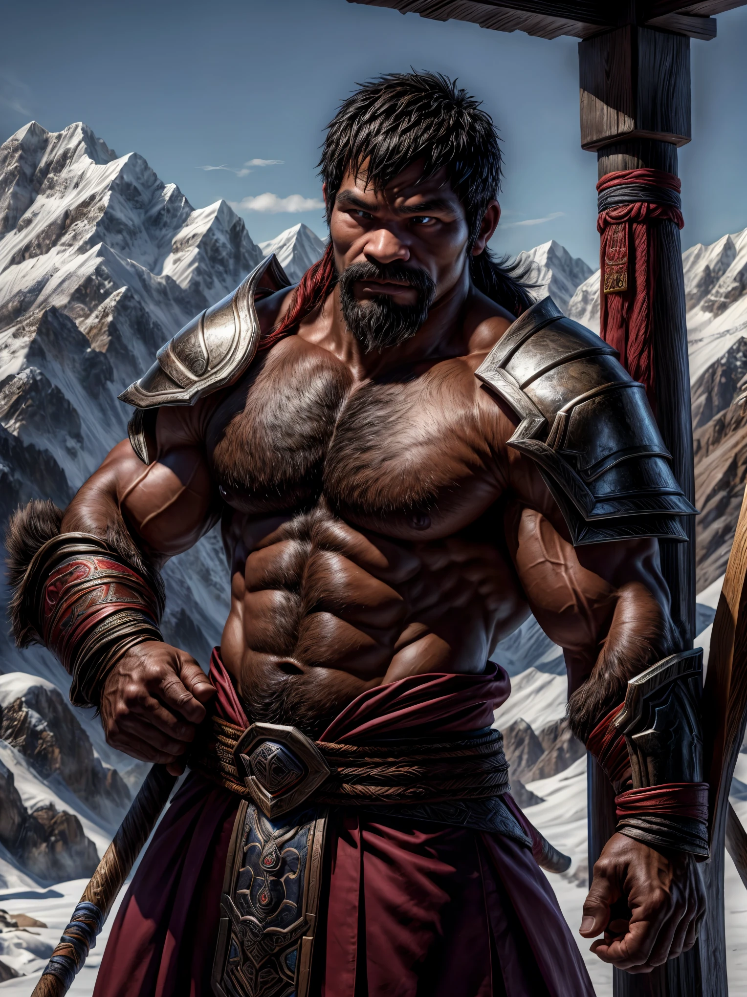 Manny Pacquiao as a barbarian that fits the design of Blizzard's Diablo characters, dark skinned male, thick mustache and beard, ((shave side hair)), masterpiece, Ultra HD, Strong muscles, dual-wielding axe, surrealism, realistic skin, samurai heavy armor, snowy mountains in Tibet, Tibetan Buddhism temple, detailed face, detailed eyes, black eyes, perfect eyes,