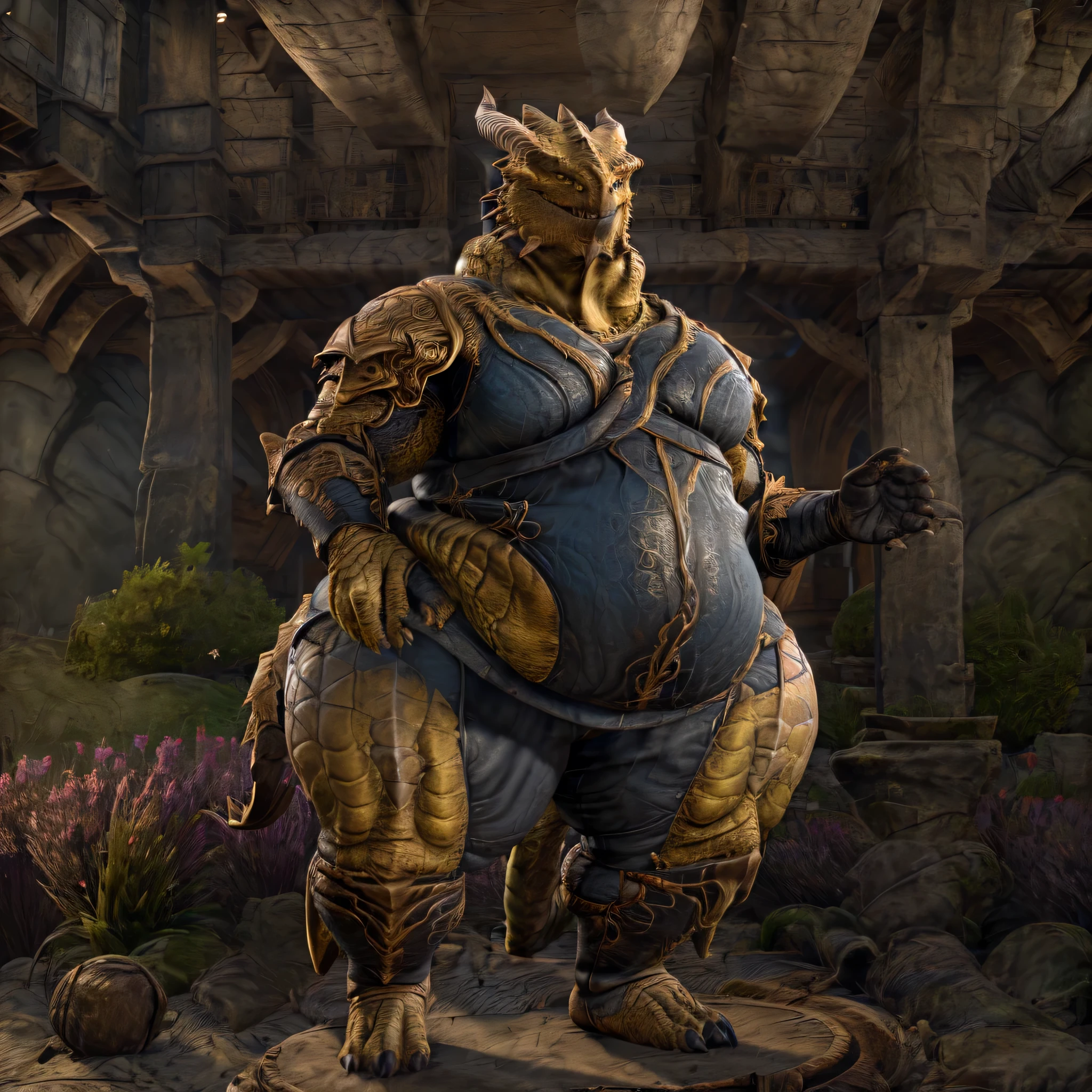 fantasy tavern setting, dragonbron, male, (yellow body scales:1.5), (short messy blue hair), (morbidly obese:1.5), flabby, fat, corpulent, saggy, cellulite, (overweight:1.5),  (big fat belly, saggy, flabby, folds, belly rolls), (big and wide round flabby and saggy fat ass cheeks), (big pillowy obese and round man boobs), ((flabby obese love handles)), folds, fat face, fat neck, neckroll, wearing wearing a complete full body paladin knight heavy plate armor, happy, looking at viewer, full body view, standing towards the viewer, front body view, on the beach, full body view
BREAK,
(detailed background:1.2),high detail, film photography, RAW candid cinema, realistic, analog style, best quality, ultra realistic, 8k,by Kenket,