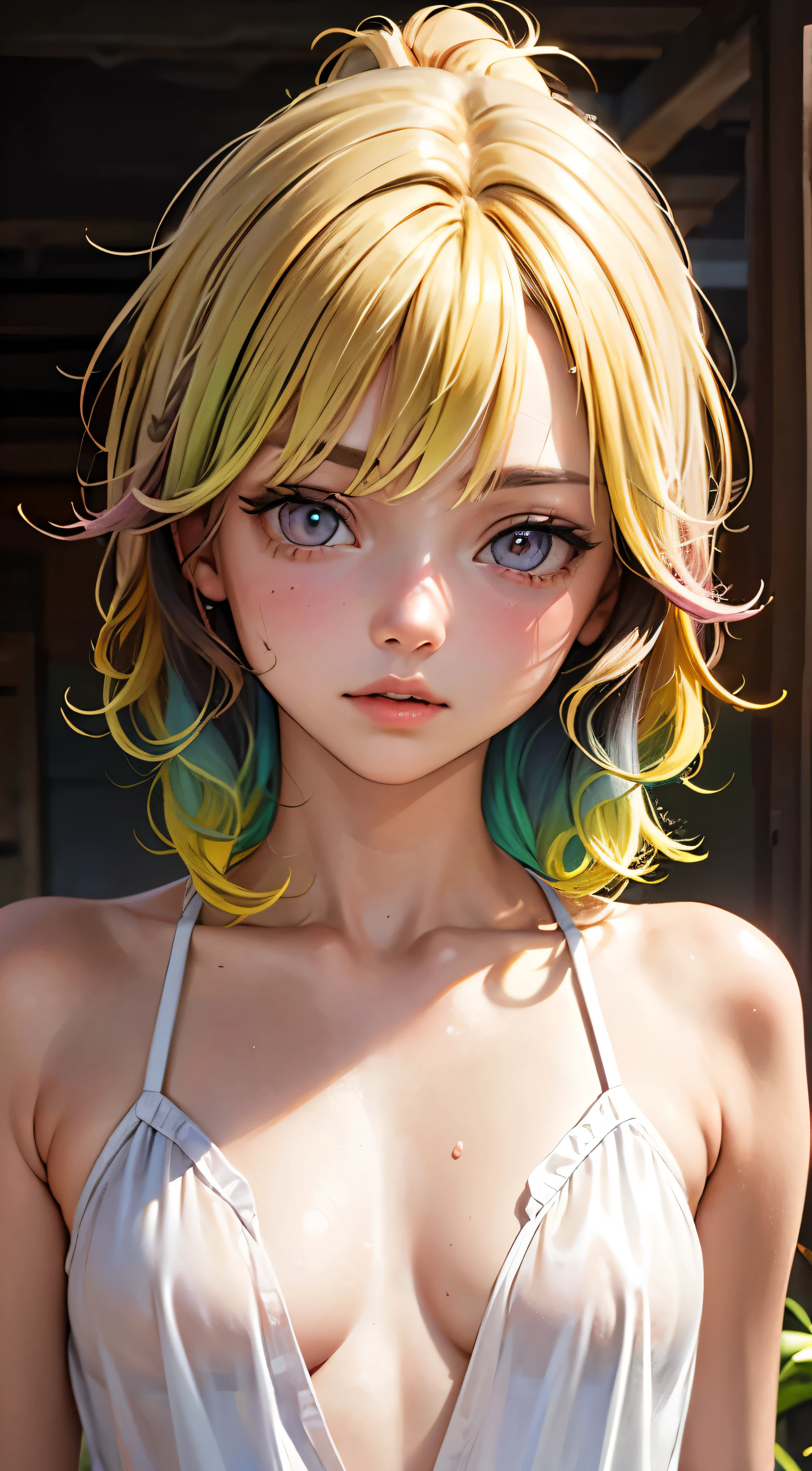 One woman, alone, alone Focus,Full Shot,Portraiture,, Beaver,Half water color, Half Green, ((Brown Hair)), (Yellow Hair), (Gradient Hair :1.5), Curly Hair, ((Pink Eyes)), Ultra-detailed eyes, work, White see-through, (Small TI quality, Very detailed,Full Shot,Sleep in bed,In underwear,