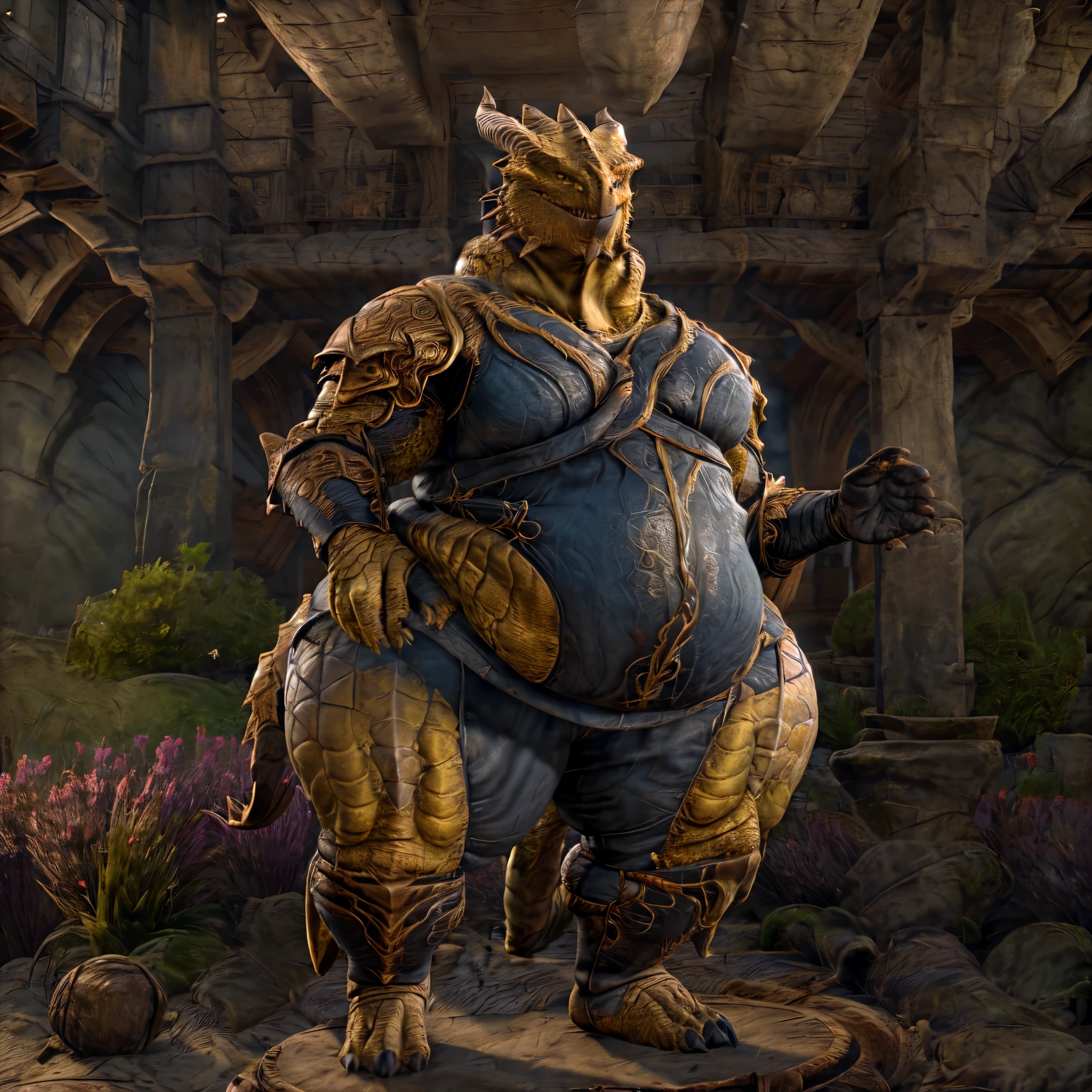 fantasy tavern setting, dragonbron, male, (yellow body scales:1.5), (short messy blue hair), (morbidly obese:1.5), flabby, fat, corpulent, saggy, cellulite, (overweight:1.5),  (big fat belly, saggy, flabby, folds, belly rolls), (big and wide round flabby and saggy fat ass cheeks), (big pillowy obese and round man boobs), ((flabby obese love handles)), folds, fat face, fat neck, neckroll, wearing wearing a complete full body paladin knight heavy plate armor, happy, looking at viewer, full body view, standing towards the viewer, front body view, on the beach, full body view
BREAK,
(detailed background:1.2),high detail, film photography, RAW candid cinema, realistic, analog style, best quality, ultra realistic, 8k,by Kenket,