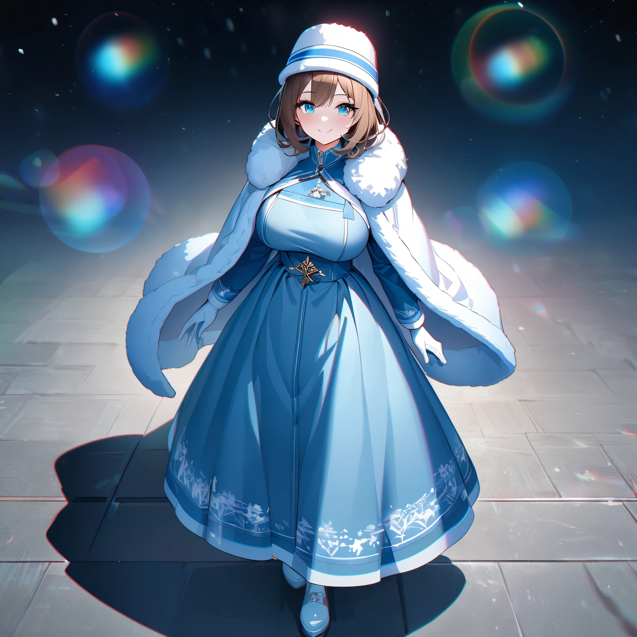 A woman wearing a long blue dress, a dress with silver details and an ice crystal symbol, wearing a white fur cape, wearing white gloves, a white cold hat with a symbol of Finland, traditional, long brown hair, ice blue eyes, smiling, walking on a concrete sidewalk with cold weather in the place, sky with northern lights, full body, big breasts (woman solo),drop shadow, anaglyph, stereogram, tachi-e, pov, atmospheric perspective, 8k, super detail, ccurate, best quality, award winning, textured skin, highres, anatomically correct, bokeh effect, ( (woman solo)