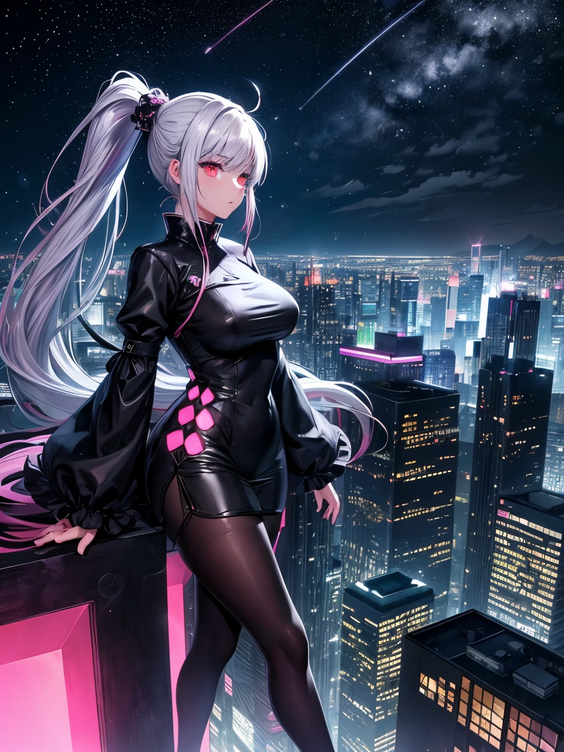 anime, (artwork, best quality, ultra-detailed, high contrast), 1 woman (Alone, full body, plus size body, standing on the edge of the skyscraper, silver hair, LONG In a ponytail, red eyes ruby sparkles, (black qipao, black cybernetics with neon pink), transparent black socks), (skyscraper roof, overlooking a city, detailed background ((night time, Darkness, low light pollution)))