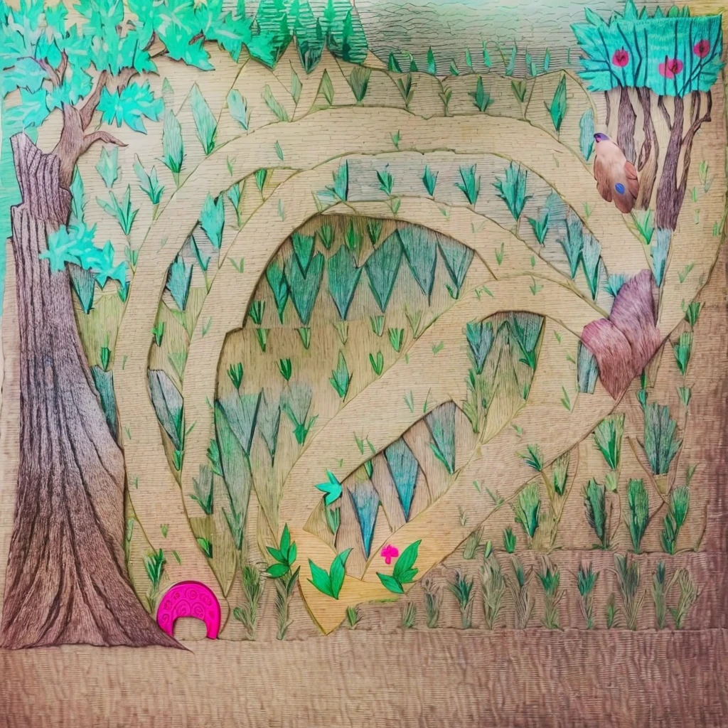 there is a drawing of a tree and a bird in the grass, cena rodopiante in forest, xilogravura colorida, cena rodopiante, desenho colorido, xilogravura colorida, drawing of a , meandros introspectivos, the desert is in colored pencils, filme de animation still, por Dóra Kresztes, animation still, inspirado em Pisanello