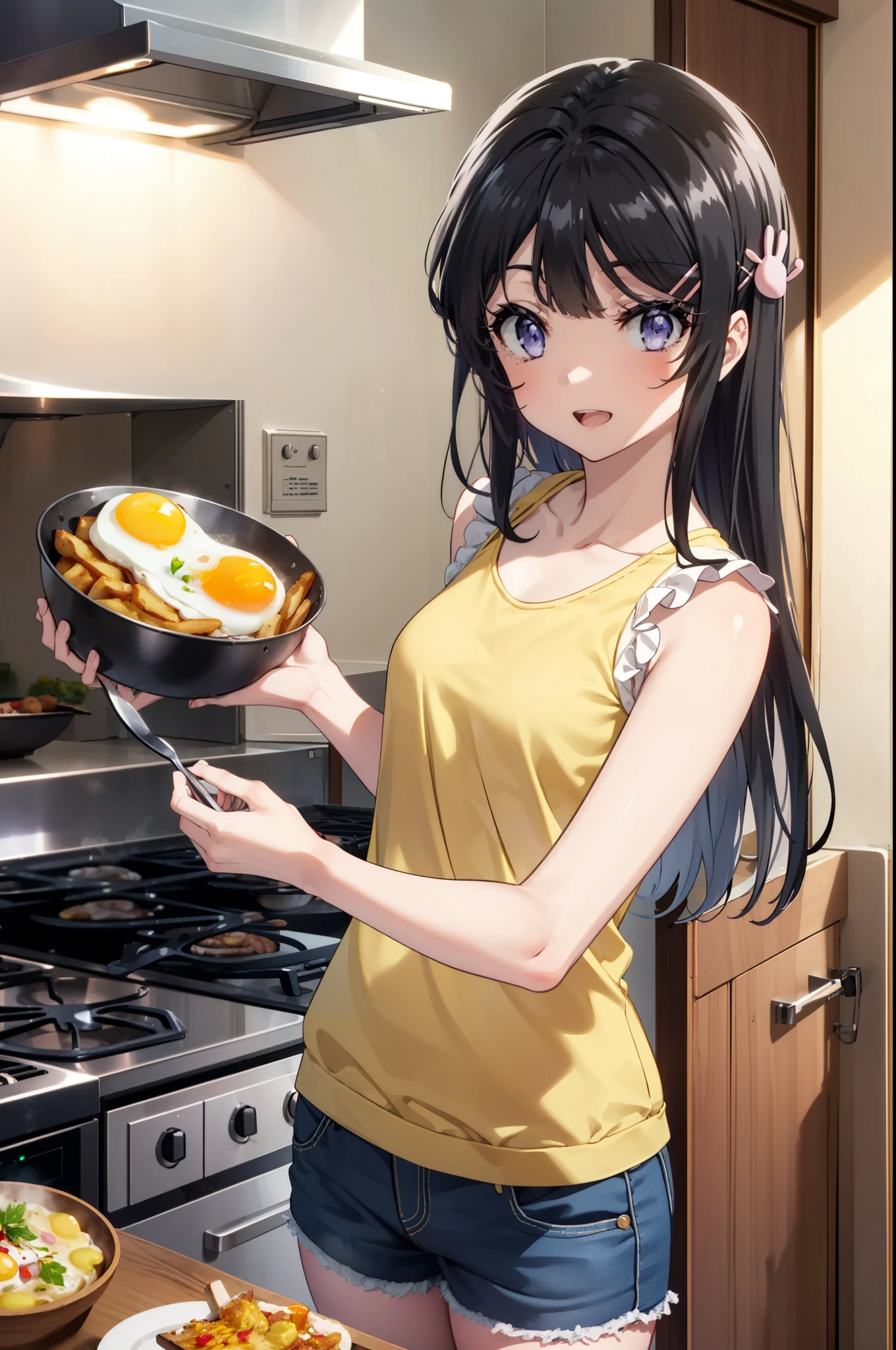 maisakurajima, Mai Sakurajima, Long Hair, bangs, (Black Hair:1.5), hair ornaments, (Purple eyes:1.1), Hair Clip, rabbit hair ornaments,Medium chest,happy smile, smile, Open your mouth,Tank top shirt,Shorts,morning,morning陽,Zend 4y4, cooking, pot, fire, Stove, Fried egg,Toasted bread,whole bodyがイラストに入るように,
break indoors, kitchen,
break looking at viewer, whole body,(Cowboy Shot:1.5),
break (masterpiece:1.2), highest quality, High resolution, unity 8k wallpaper, (shape:0.8), (Beautiful details:1.6), Highly detailed face, Perfect lighting, Extremely detailed CG, (Perfect hands, Perfect Anatomy),