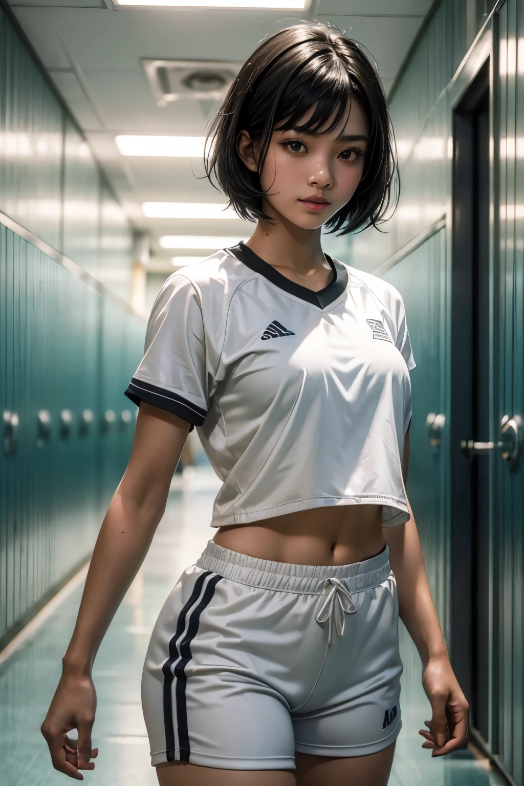 UHD, masterpiece, textured skin, super detail, high details, high quality, award winning, best quality, HD, upper body shot, (1Girl, Asian, Happy, Beautiful, short black hair, athletic, wearing white athletic clothes, (looking at POV)), (In a school hallway)