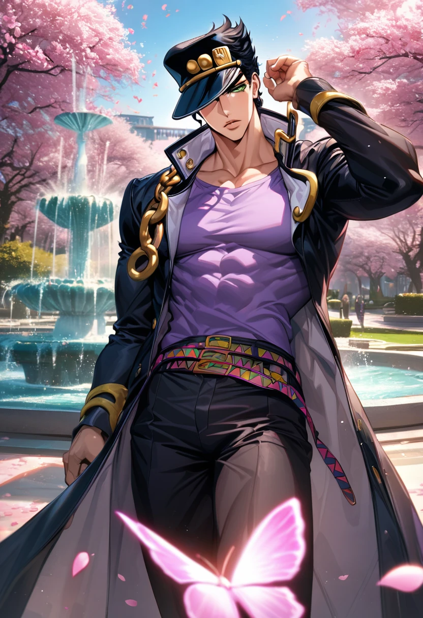 absurdres, highres, ultra detailed, HDR, master piece, best quality, Jotaro Kujo, black hair, expressive green eyes, black hat, Jojo bizarre adventure, solo, sexy man, handsome, black leather coat, purple shirt, pink flowers, pink petals, pink butterflies, blossoms, park, fountain