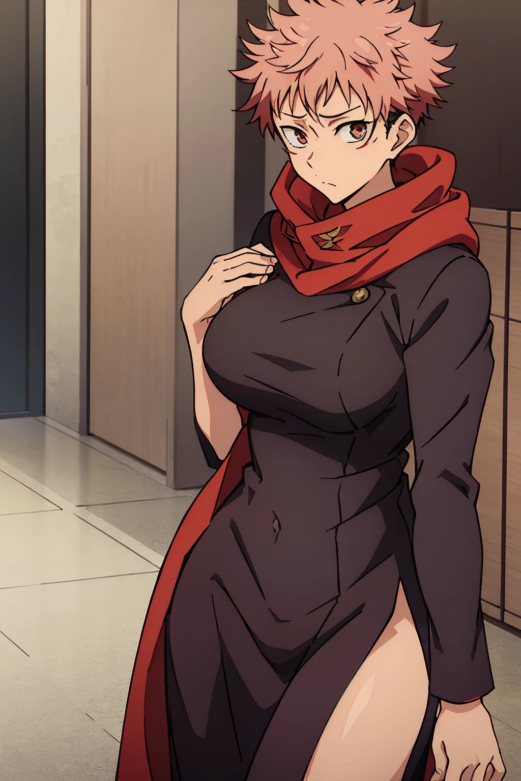 jujutsu kaisen Itadori Yuji red scarf eyelashes sexy Femininefull college uniform super large breasts breast enlargement standing alone in Shibuya