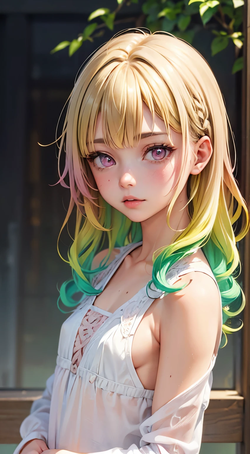 One woman, alone, alone Focus, Cowboy Shot, Portraiture,, Beaver,Half water color, Half Green, ((Brown Hair)), (Yellow Hair), (Gradient Hair :1.5), Curly Hair, ((Pink Eyes)), Ultra-detailed eyes, work, White see-through, (Small TI quality, Very detailed,Full Shot