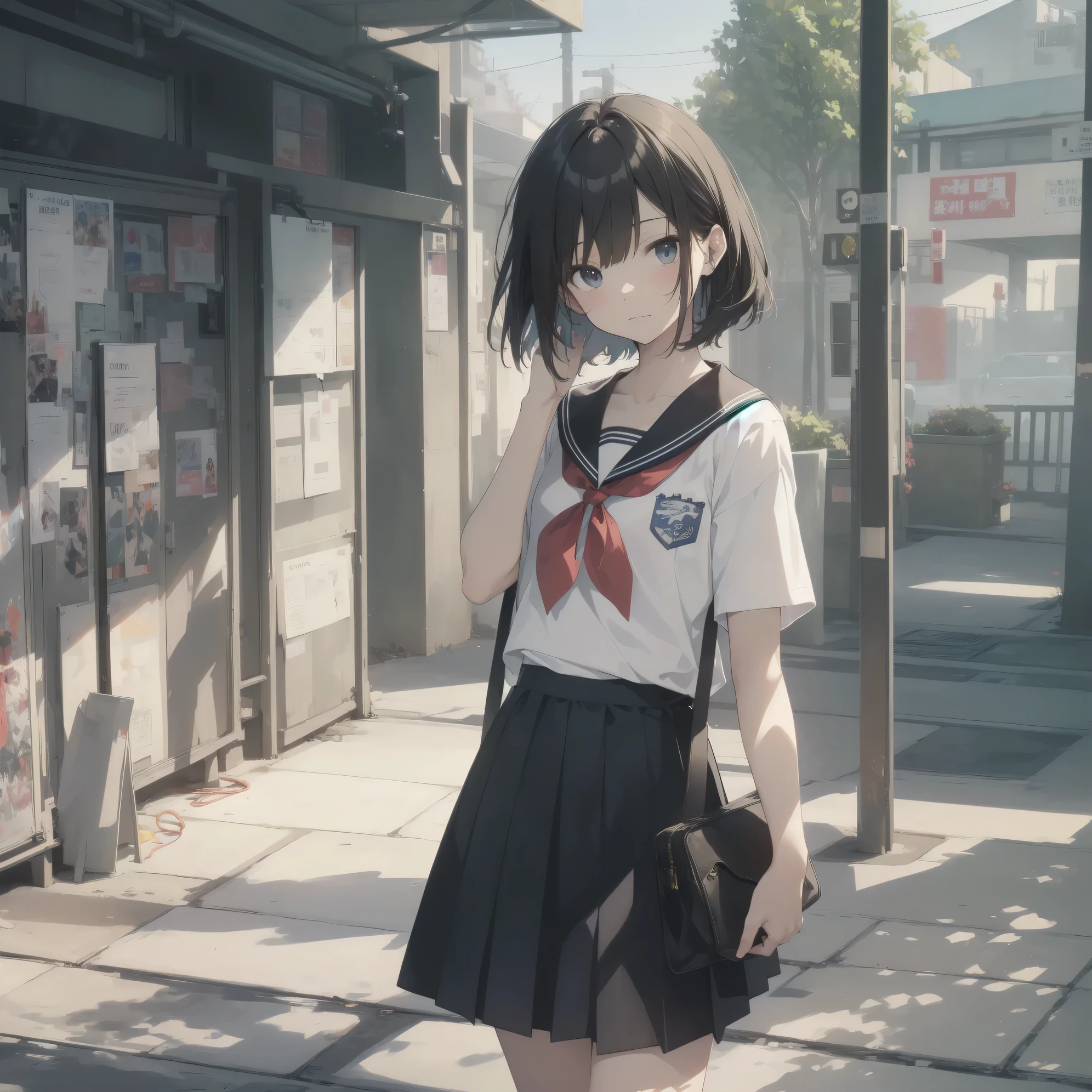 ultra-absurdres-Top quality by artist God, ultra-detailed, high resolution, anime moe artstyle, best anime 8k konachan wallpaper, pixiv contest winner, pool:2810, perfect anatomy,break, 1girl, (Please draw a girl walking sleepily to school alone. )break,(Solo,little female, 13-year-old:1.3),Full limbs, complete fingers,a junior high school student, (very short hair), short cut, flat chest, , small butt, small black eyes, beautiful detailed eyes, well-proportioned iris and pupils, expressive eyes, highres detailed hair, soft expression, salor school_uniform, sailor collar, serahuku, bow, pleated skirt,(Detailed Lighting), (Detailed background), in the School commute route. break,super detailed skin, Best cinematic lighting powered by famous artist, 8k,beauty illustration,photoshop_(medium),very aesthetic,break,((artist:carnelian )), artist:akinashi yuu ,artist:oyari ashito ,artist:kantoku ,